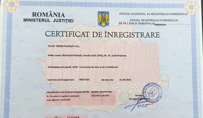 certificat inregistrare registrul comertului operator propriu termoficare termo ploiesti angajari